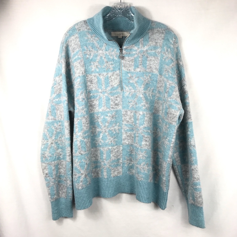 LOFT Wool Blend Zip Collar Sweater Blue and Gray with Snowflakes Womens XL